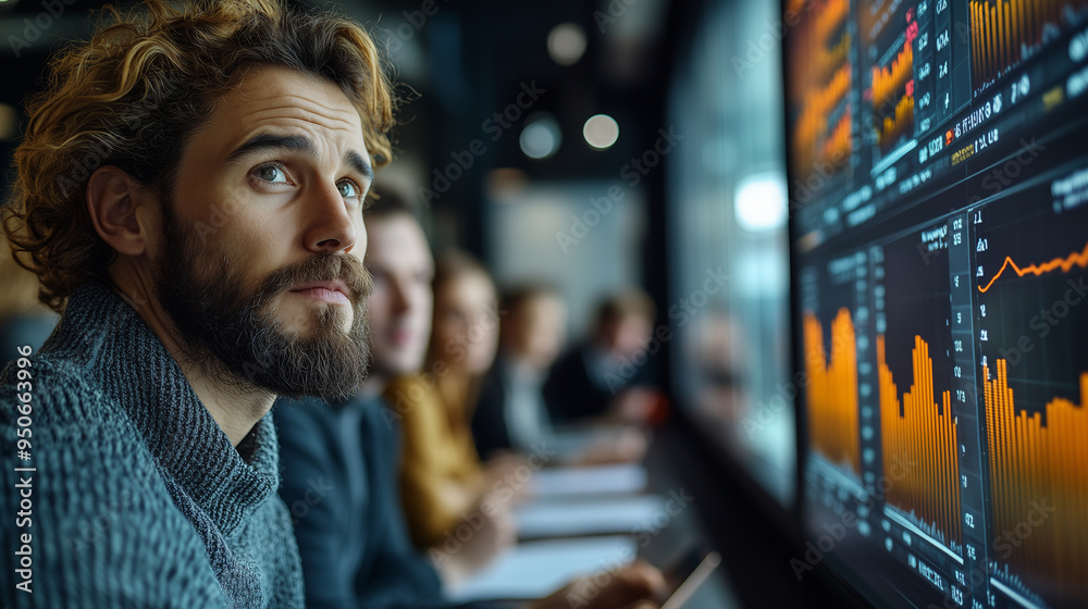 An office meeting with a detailed financial analysis presented on a large screen, and team members taking notes. An office meeting with a detailed financial analysis presented on a large screen, and team members taking notes.