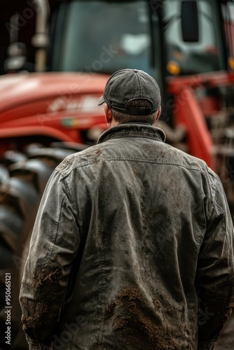 Farmer Standing in Front of a Tractor on a Farm