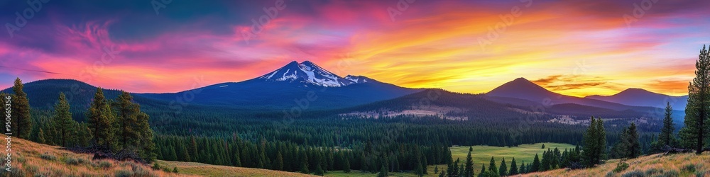 Fototapeta premium Mountain Sunset Panoramic View: Vibrant Colors near Bend, Oregon