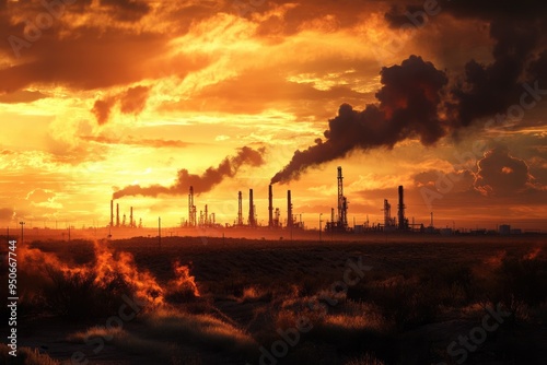 West Texas Oil. Rare Sunset Image of Crude Oil Industry with Drilling Rigs in Desert Landscape photo