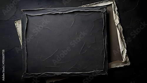 A ripped and scratched ratty grungy grungy grunge texture isolated on black folded edges of an old black square envelope.