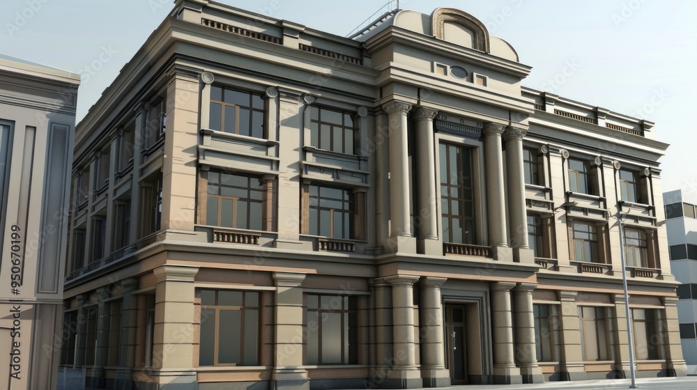Fototapeta premium Classic Modern Bank Building with Pillars and Large Windows in Urban Setting