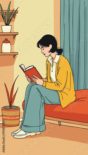 open layer vector of a brunette woman with orange dress reading a book
