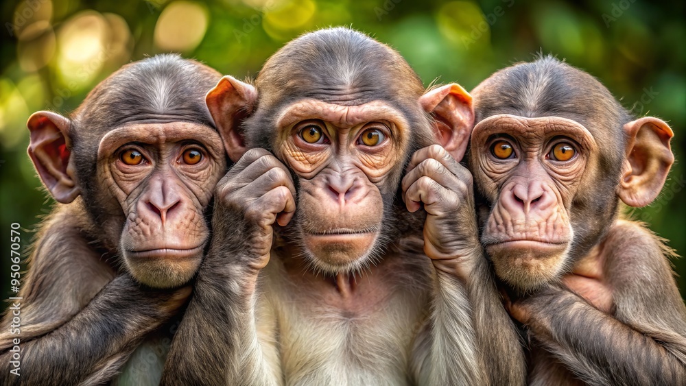 Three expressive primates cover their eyes, ears, and mouth in unison, symbolizing the Three expressive primates cover their eyes, ears, and mouth in unison, symbolizing the