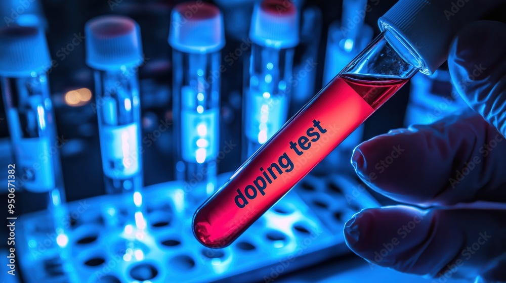 Naklejka premium Doping test. Test tube with blood in hands doctor. Search for doping in athlete. Test for prohibited drugs in lab. Studying blood for presence doping. Sports pharmacology. Antibiotics for athletes