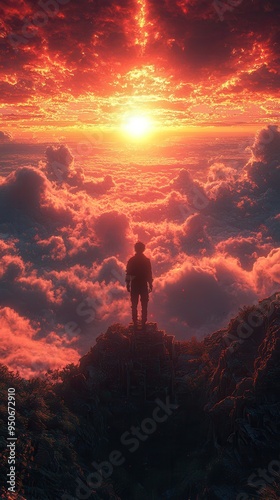 A solitary figure stands on a mountain peak, gazing at a breathtaking sunset over vibrant clouds.