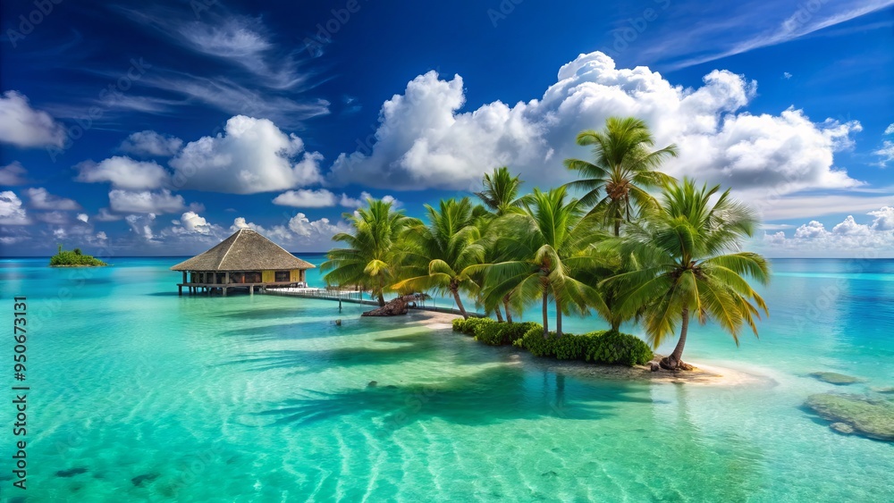 Naklejka premium Turquoise lagoon waters surround a picturesque island with swaying palm trees, pristine white sandy beach, and a luxurious overwater bungalow in the distance.