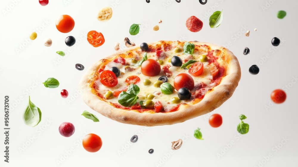 Pizza with Cherry Tomatoes, Olives, and Basil in Mid-Air Pizza with Cherry Tomatoes, Olives, and Basil in Mid-Air
