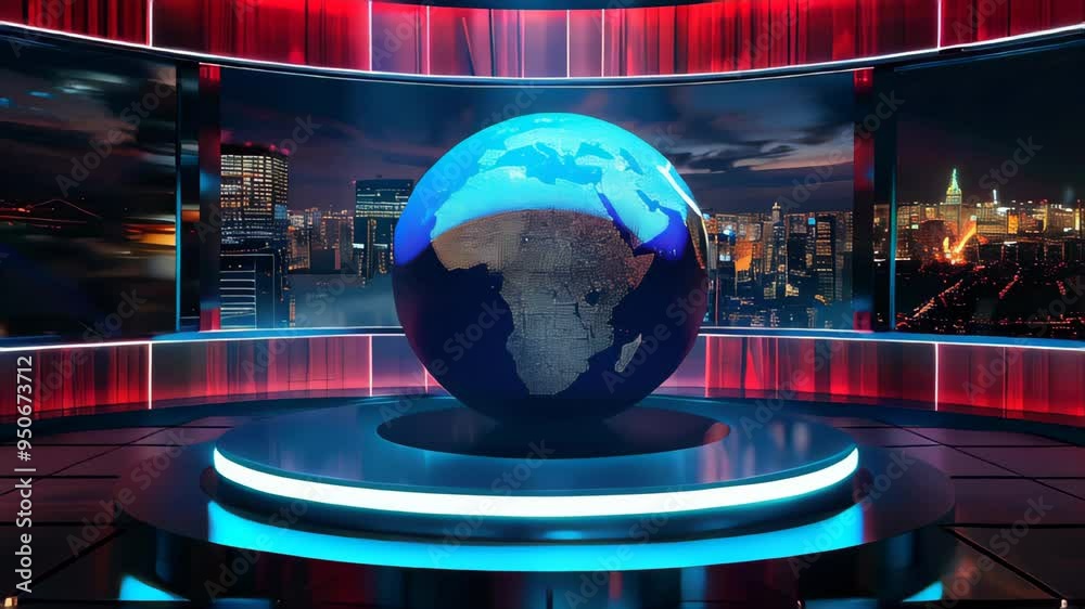 Breaking News TV Show Concept with Modern Studio and Digital Globe Breaking News TV Show Concept with Modern Studio and Digital Globe