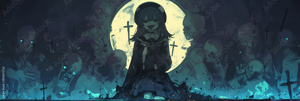 Fototapeta premium Frightening Anime Manga Animal Girl with Insane Horror Elements