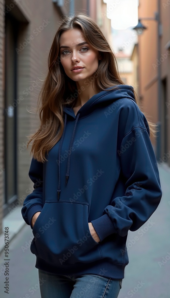 Casual Brunette Female Model in a Navy Blue Hoodie Mockup, Posing in an Urban Alleyway Casual Brunette Female Model in a Navy Blue Hoodie Mockup, Posing in an Urban Alleyway