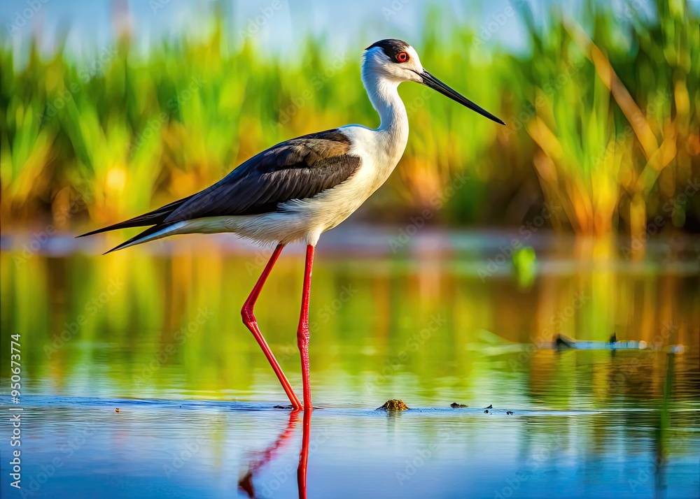 Fototapeta premium Magnificent bird with striking black and white feathers, long legs, and curved beak, standing in shallow water, surrounded by serene natural wetland landscape.