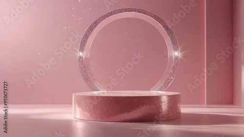 Pink glitter round podium displaying behind glass arch on pink background