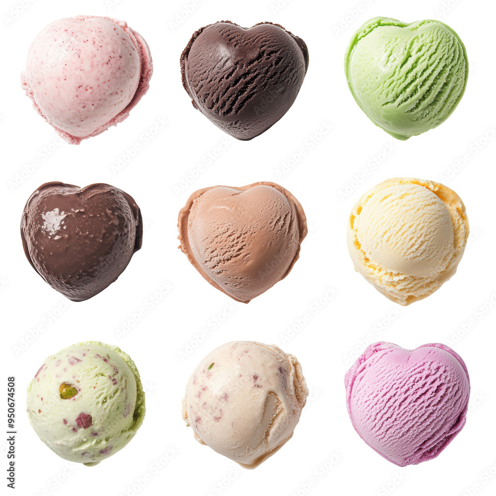 Set of colorful ice cream scoops in various pastel shades, isolated on white background, representing sweet, creamy dessert options.
Set of colorful ice cream scoops in various pastel shades, isolated on white background, representing sweet, creamy dessert options.