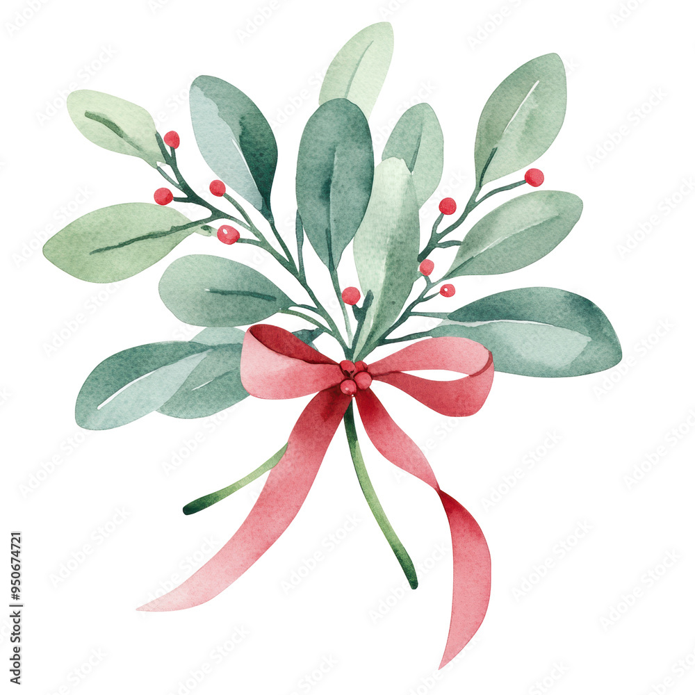 Watercolor mistletoe bouquet with green leaves, red berries, and red ribbon, isolated on white background. Ideal for Christmas decorations and greeting cards.
Watercolor mistletoe bouquet with green leaves, red berries, and red ribbon, isolated on white background. Ideal for Christmas decorations and greeting cards.