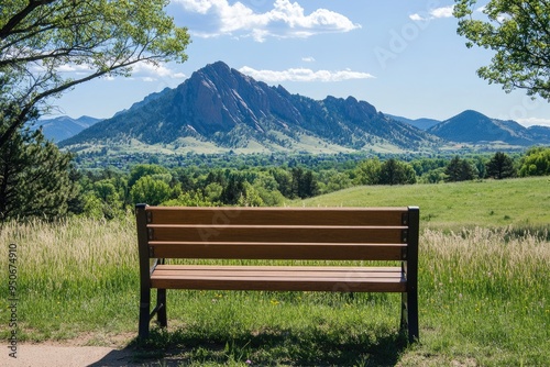 Chautauqua Colorado. Wood Park Bench with Mountain View in Boulder Colorado photo