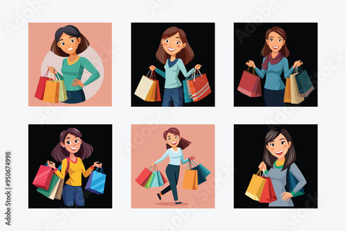 Happy Young Lady with Shopping Bags - Black Friday Vector Illustration for Retail Promotions