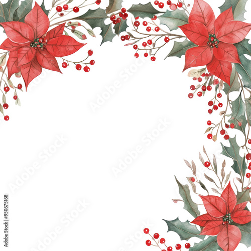 Watercolor illustration of poinsettia flowers and holly leaves arranged vertically, isolated on white background. Perfect for Christmas decorations and greeting cards.


