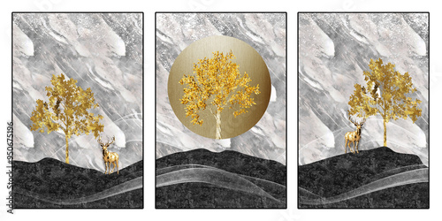 3 pieces marble wall canvas art. golden tree and deer with black mountains. abstract wall decoration artwork photo