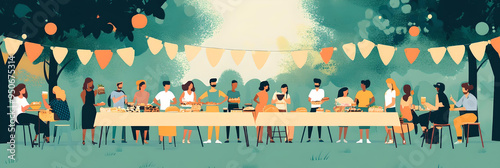 A large group of people enjoying a community feast outdoors in a green park, with banners and decorations, symbolizing celebration, togetherness, and community spirit.
