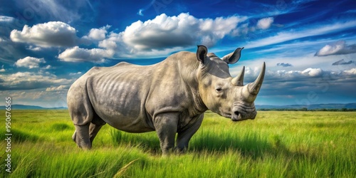 Magnificent white rhinoceros with distinctive horns and gray skin tone, standing majestically in lush green savannah grasslands under a bright blue sky. photo