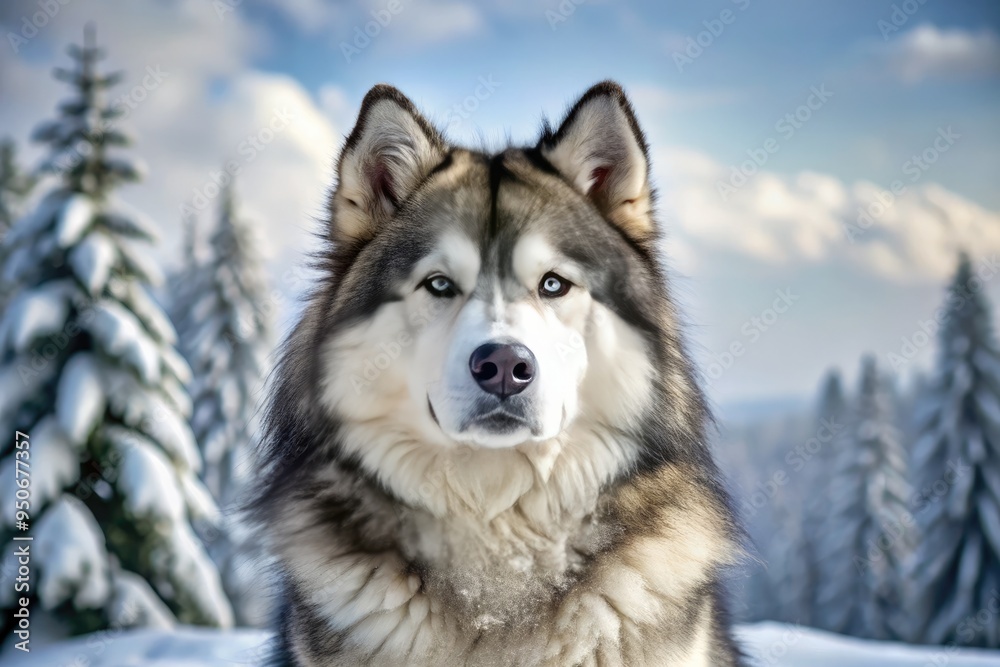 Majestic Alaskan Malamute dog with thick grey and white fur, piercing brown eyes, and a strong muscular build, set against a snowy winter landscape.