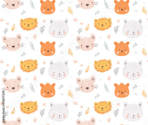 Seamless pattern with cute animal faces and pastel foliage on a white background