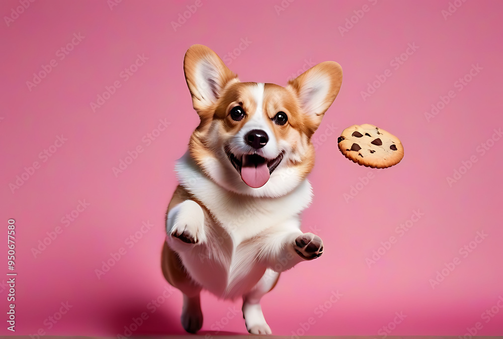 corgi dog trying catch cookie solid pink background corgi dog trying catch cookie solid pink background