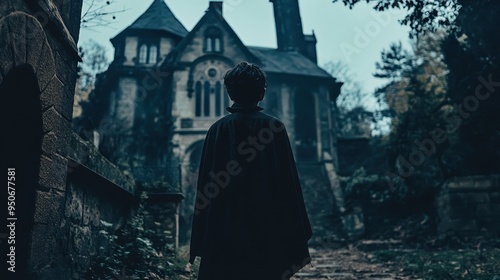 Mysterious Figure in Front of an Abandoned Mansion