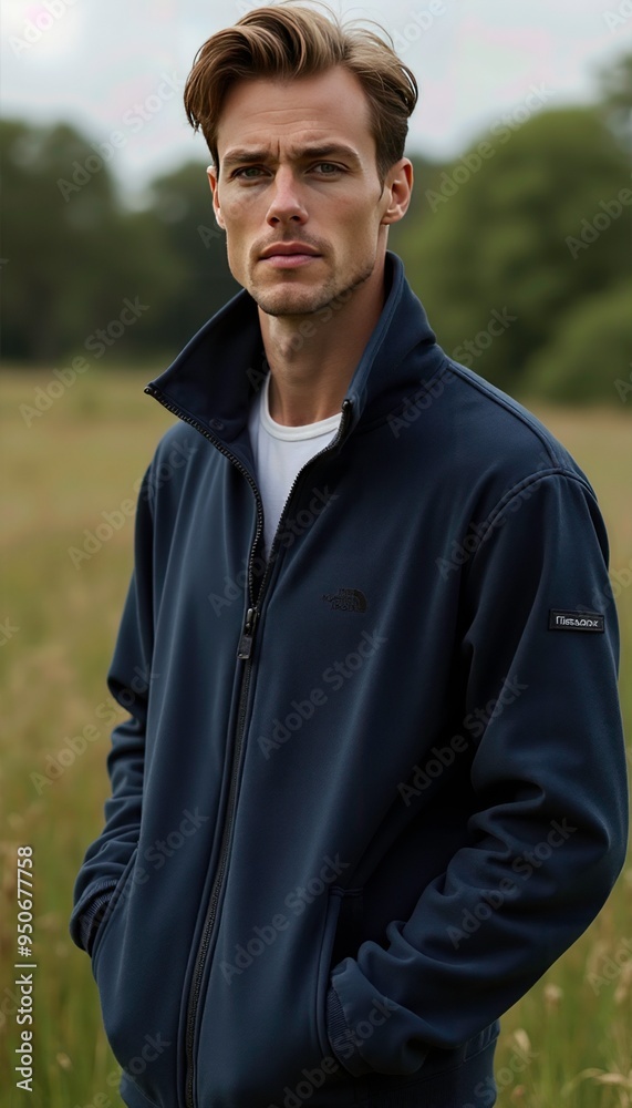 Laid-back Male Model in a Navy Fleece Jacket, Posing at a Nature Reserve