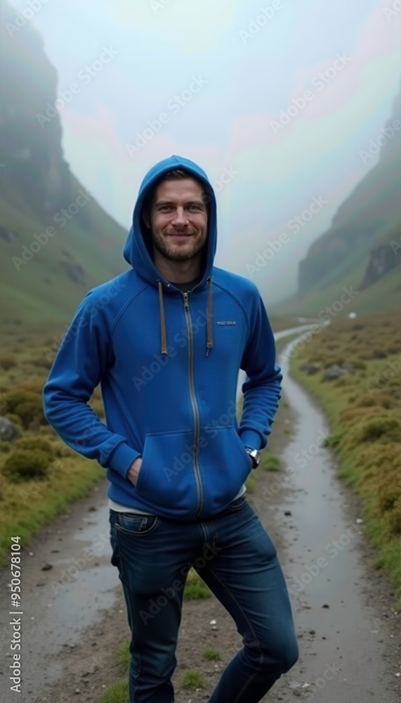 Relaxed Male Model in a Blue Hoodie, Posing on a Foggy Mountain Path Relaxed Male Model in a Blue Hoodie, Posing on a Foggy Mountain Path