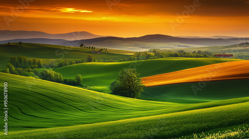 Rolling countryside with a sunset.