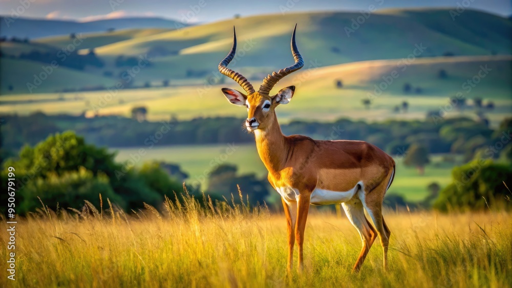 Majestic antelope stands alert in a sun-drenched grassland, its horns proud and strong, with a subtle background of rolling hills and distant trees. Majestic antelope stands alert in a sun-drenched grassland, its horns proud and strong, with a subtle background of rolling hills and distant trees.