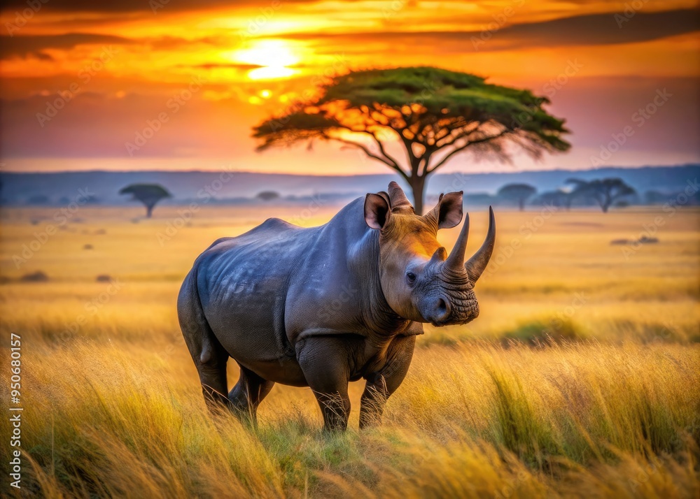 Obraz premium Majestic black rhinoceros with distinctive horn and wrinkled skin stands in a serene savannah landscape, surrounded by tall grasses and acacia trees at sunset.