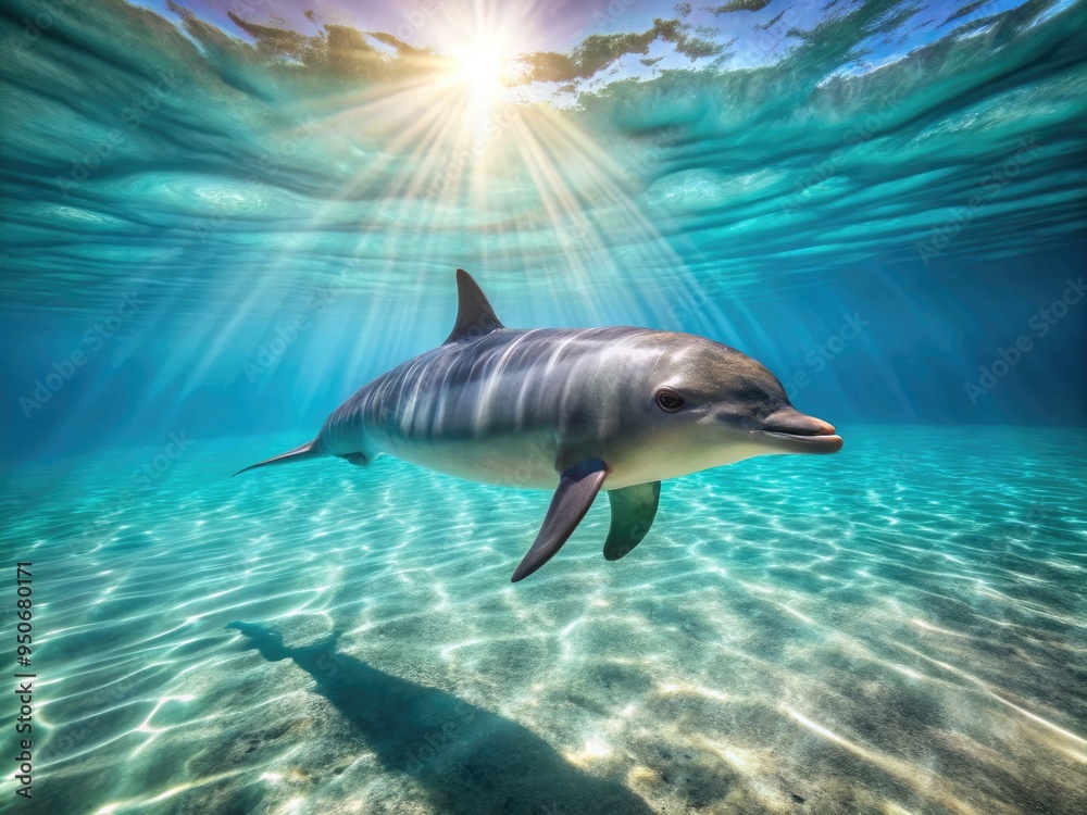 Obraz premium Majestic bottlenose dolphin swims in crystal-clear turquoise waters of the Indian Ocean, sunlight dancing across its sleek gray body, creating a mesmerizing underwater scene.