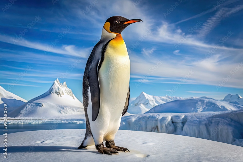 Fototapeta premium Majestic Emperor Penguin stands proudly, adorned in regal attire, with distinctive yellow patches on chest, amidst Antarctic icy landscape.