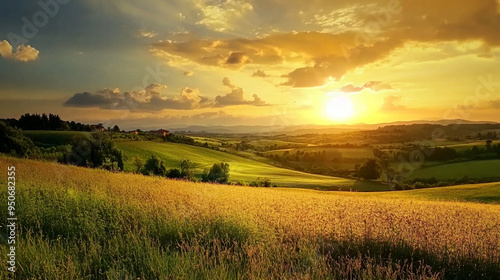 Rolling countryside with a sunset.