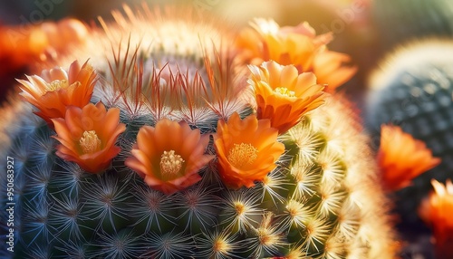 rebutia flavistyla cactus plants with orange flowers texture background in sunlight photo