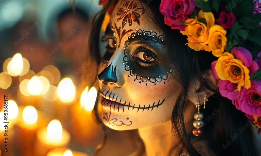 Woman with sugar skull makeup, a traditional Day of the Dead look. Woman with sugar skull makeup, a traditional Day of the Dead look.