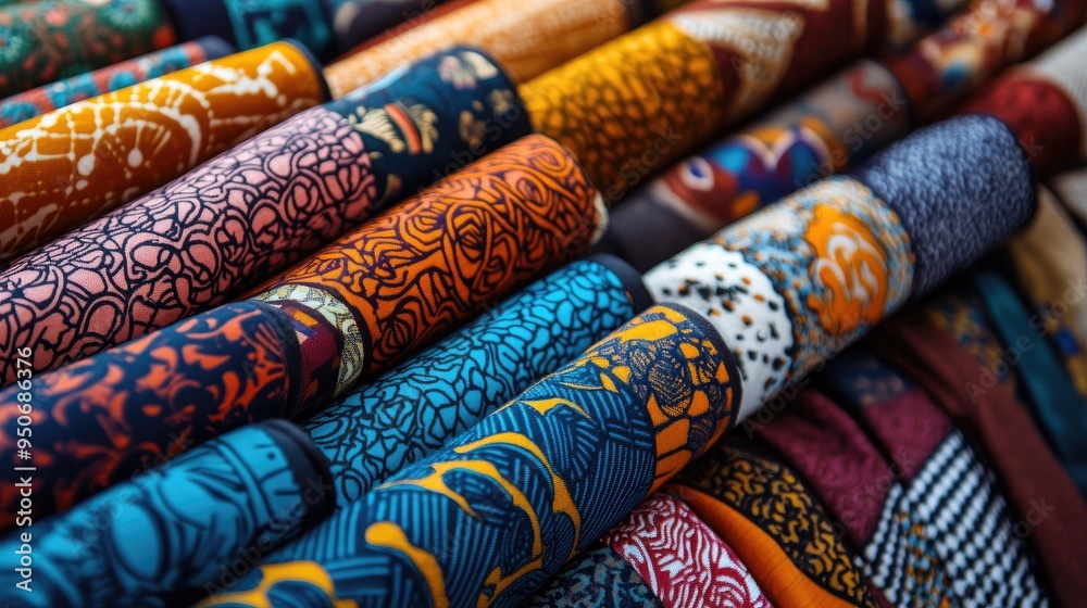 A close-up of vibrant South African shweshwe fabrics, laid out in a marketplace, highlighting their cultural significance. A close-up of vibrant South African shweshwe fabrics, laid out in a marketplace, highlighting their cultural significance.