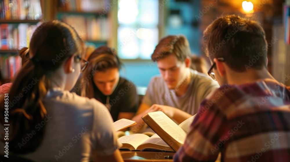 Obraz premium Small Church Group Engages in Bible Study Together in a Warm, Cozy Setting