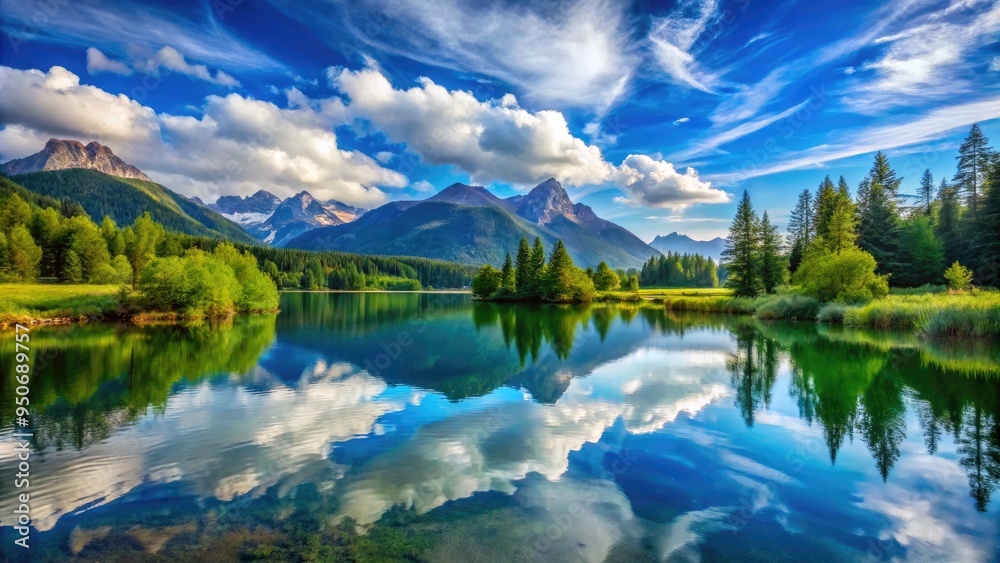 Serene lake surrounded by lush greenery and majestic mountains, reflecting the vibrant blue sky with wispy clouds, evoking a sense of tranquility and calmness. Serene lake surrounded by lush greenery and majestic mountains, reflecting the vibrant blue sky with wispy clouds, evoking a sense of tranquility and calmness.