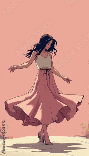 Open-layer vector Persian girl with traditional white and pink dress black hair