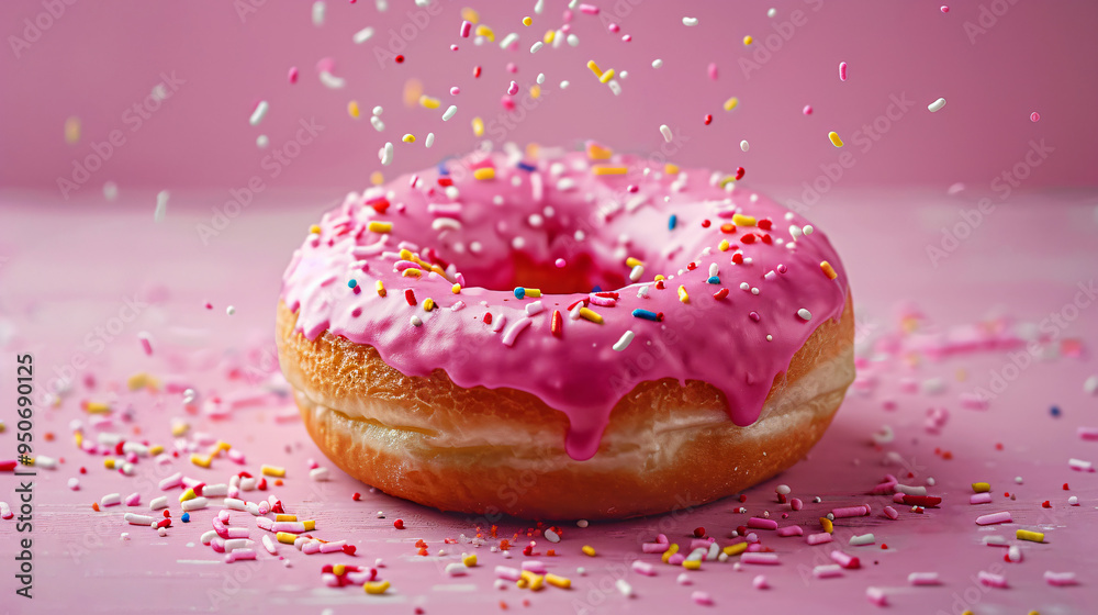 Pink Paradise: A sprinkle-covered donut on a vibrant pink background, capturing the sweet indulgence and playful delight of this classic treat. Pink Paradise: A sprinkle-covered donut on a vibrant pink background, capturing the sweet indulgence and playful delight of this classic treat.