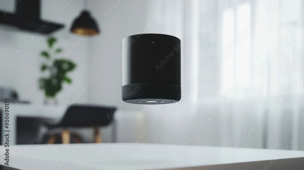 Black Smart Speaker Floating in White Room with White Tabletop Black Smart Speaker Floating in White Room with White Tabletop
