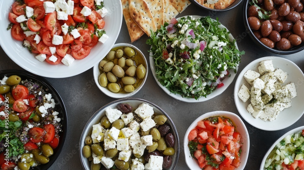 A collection of Greek mezze dishes, featuring olives, feta cheese, and fresh salads.