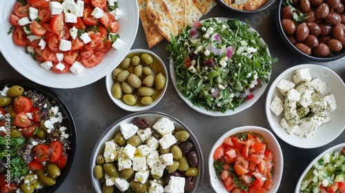 Obraz na płótnie A collection of Greek mezze dishes, featuring olives, feta cheese, and fresh salads. w salonie