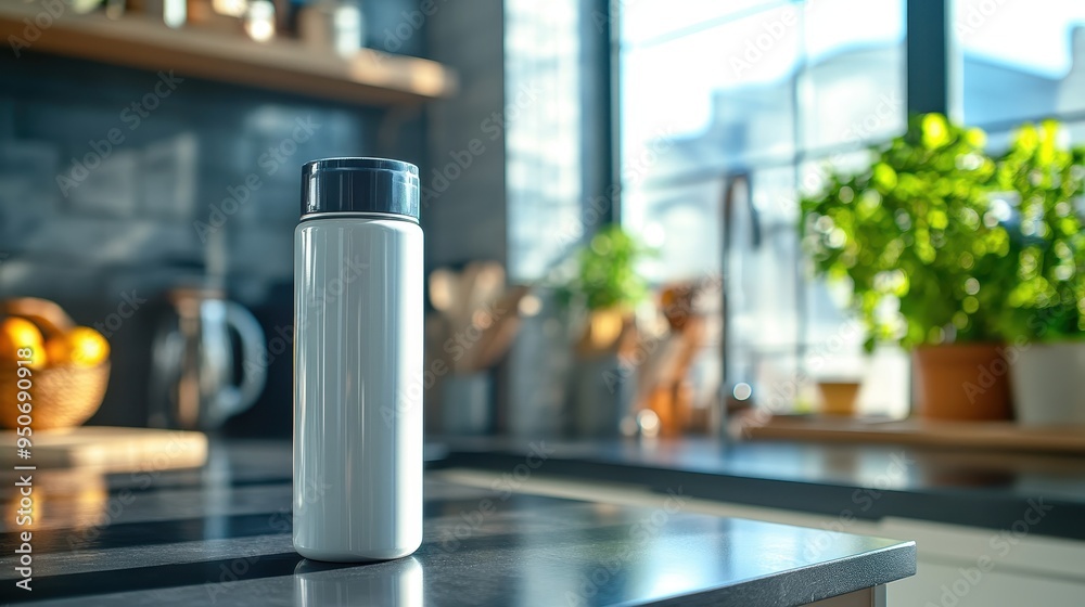 Minimalist Kitchen Counter with Water Bottle and Potted Plants Minimalist Kitchen Counter with Water Bottle and Potted Plants