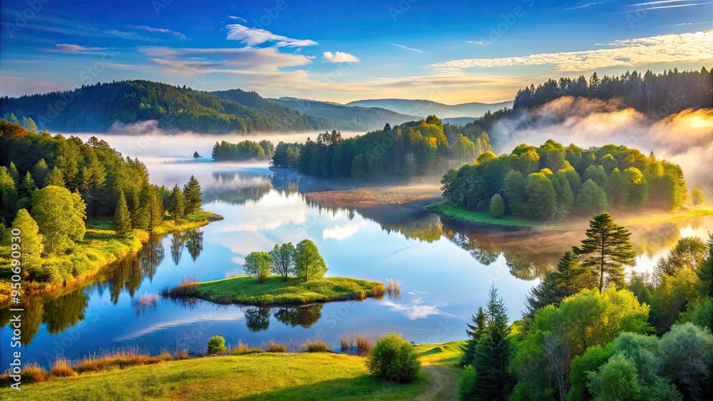 Serene misty morning landscape of a protected nature reserve with lush green forest, sparkly lake, and rolling hills under a vibrant blue sky. Serene misty morning landscape of a protected nature reserve with lush green forest, sparkly lake, and rolling hills under a vibrant blue sky.
