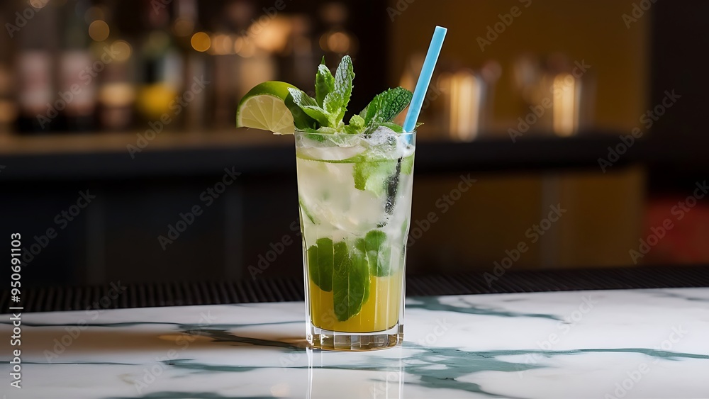 Cold Mojito Cocktail Made From Rum, Mint, Lime, Simple Syrup, and Soda Water on Marble Bar Counter Cold Mojito Cocktail Made From Rum, Mint, Lime, Simple Syrup, and Soda Water on Marble Bar Counter